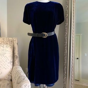 blue knee length velvet dress.
